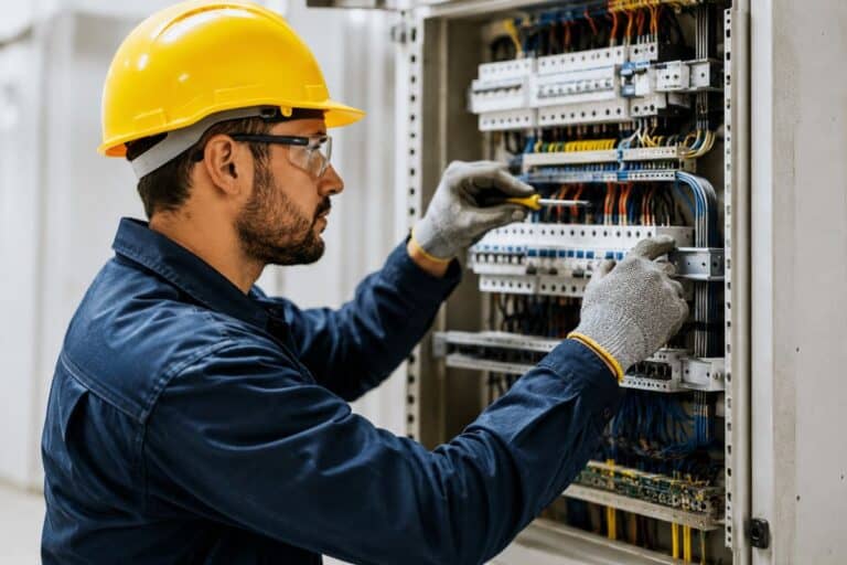 فني كهرباء يعمل على لوحة توزيع كهربائية.