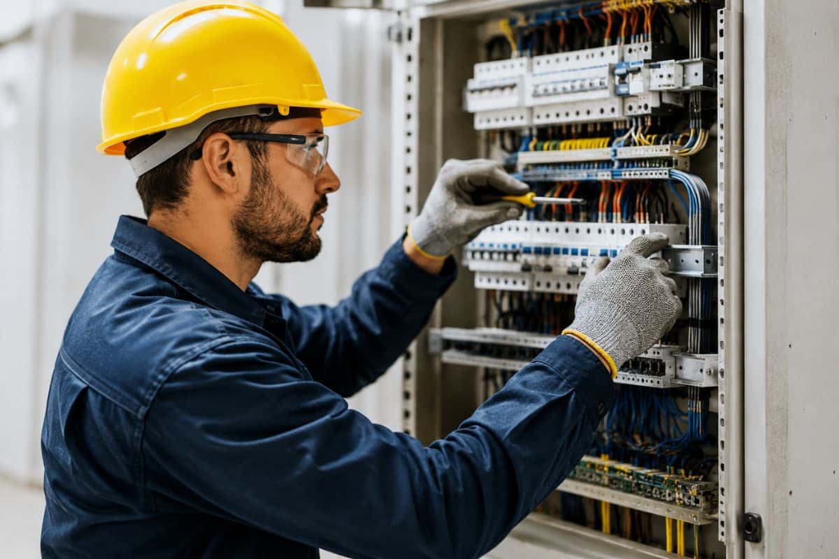 فني كهرباء يعمل على لوحة توزيع كهربائية.